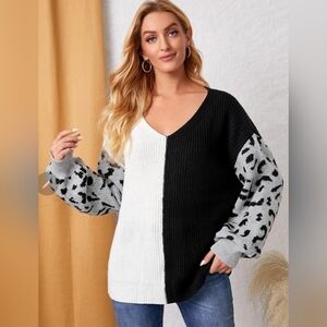 Woven Knit Ribbed Leopard Color Block V-Neck Tunic Pullover Sweater Large